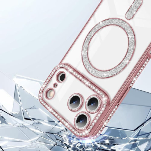 Луксозен калъф с кристали за iPhone 17 Pro Max розов пълна защита