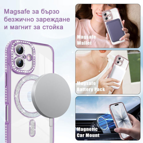 Луксозен калъф с кристали за iPhone 17 лилав Magsafe