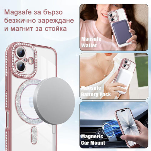 Луксозен калъф с кристали за iPhone 17 розов Magsafe