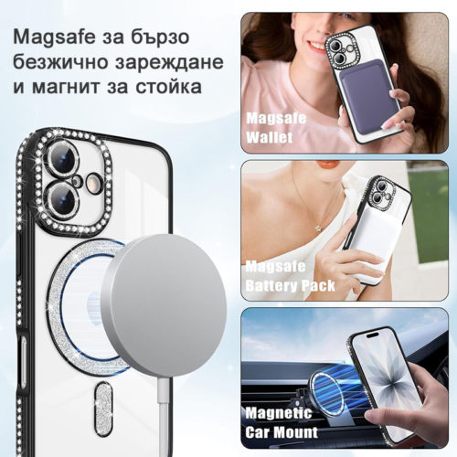 Луксозен калъф с кристали за iPhone 17 черен Magsafe