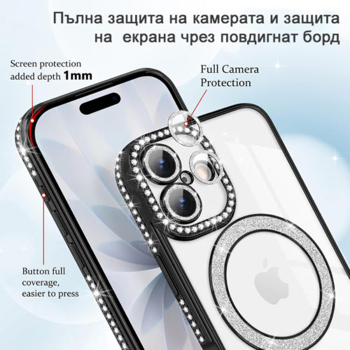 Луксозен калъф с кристали за iPhone 17 черен защита на камерата
