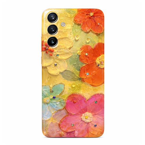 Калъф с цветя и камъни за Samsung Galaxy A14 оранжев