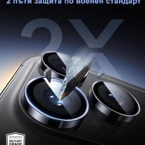 Стъклен протектор за камерата на iPhone 17 Pro Max черен военен стандарт