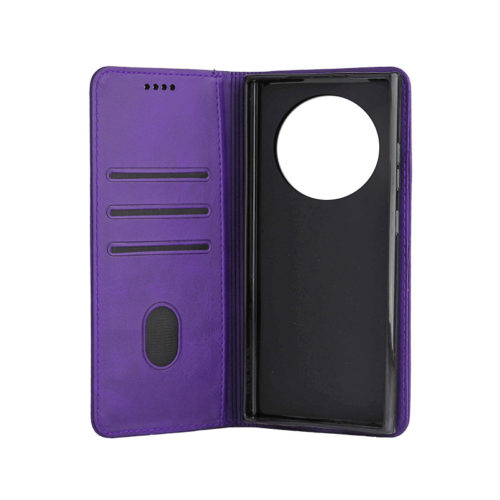 Кожен калъф с магнитен капак за Honor Magic 8 Lite лилав джобове